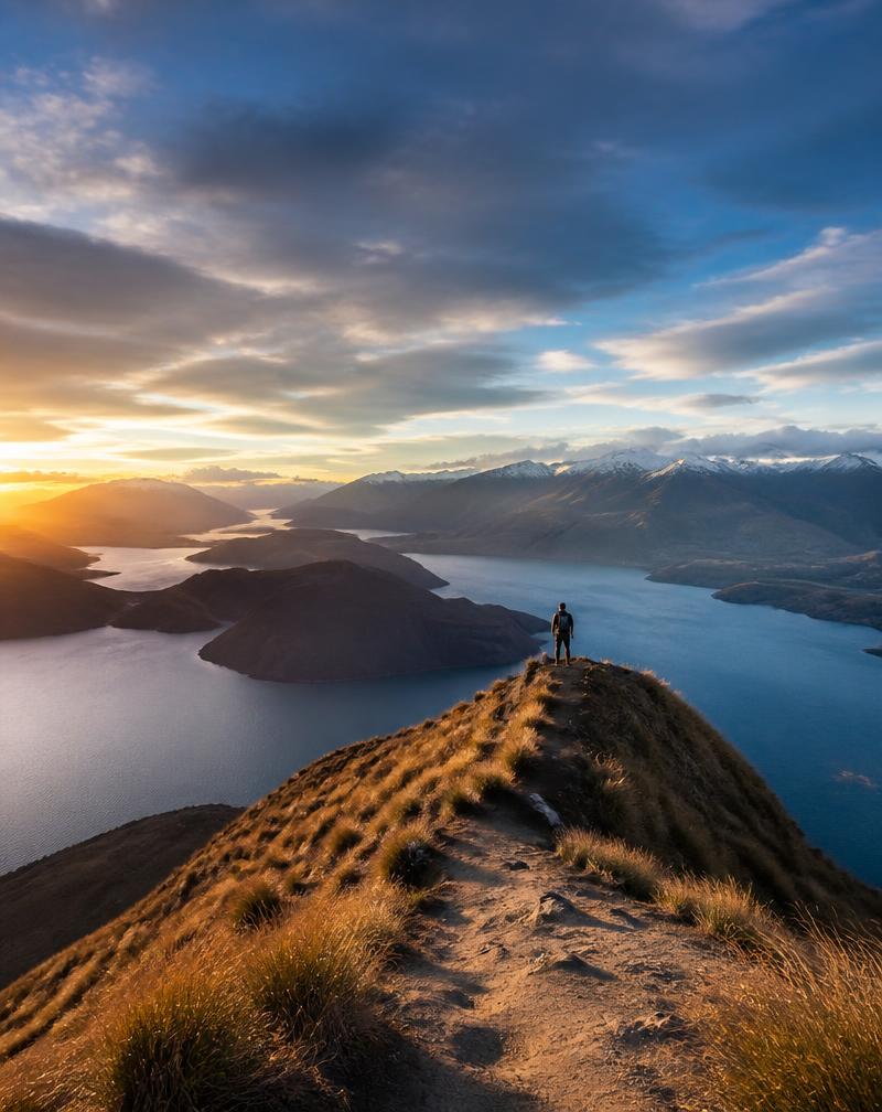 Ridge above Lake Wanaka at sunrise with mountains and deep blue water