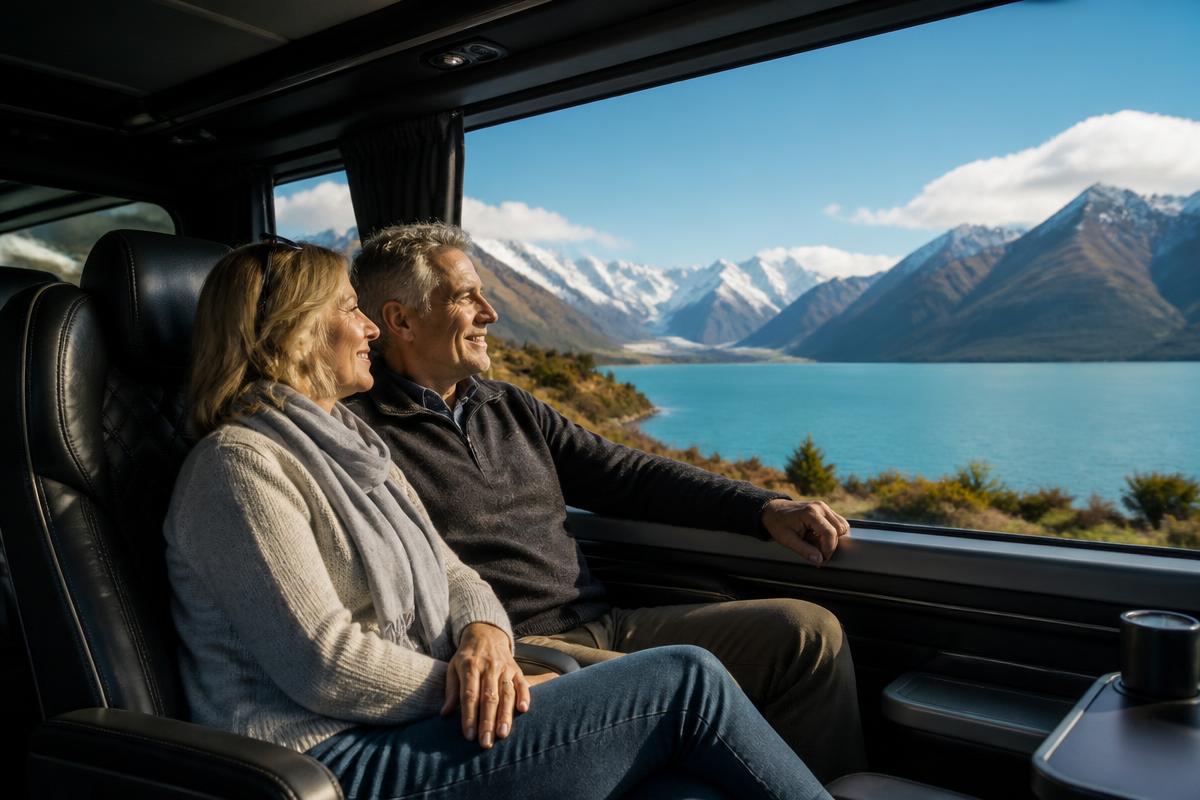 Smiling guests relaxing beside panoramic windows on a luxury touring coach
